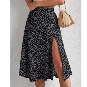 Women’s Floral Print High Waist Split Hem Midi A-Line Skirt